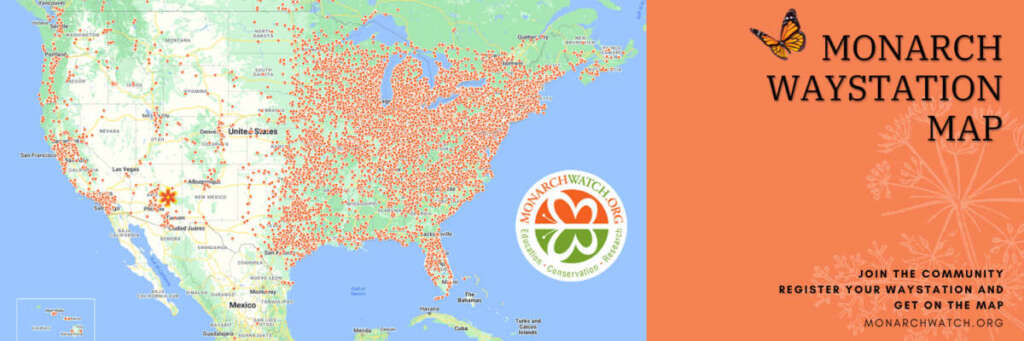 Displays a map of monarch waystations in the US. 